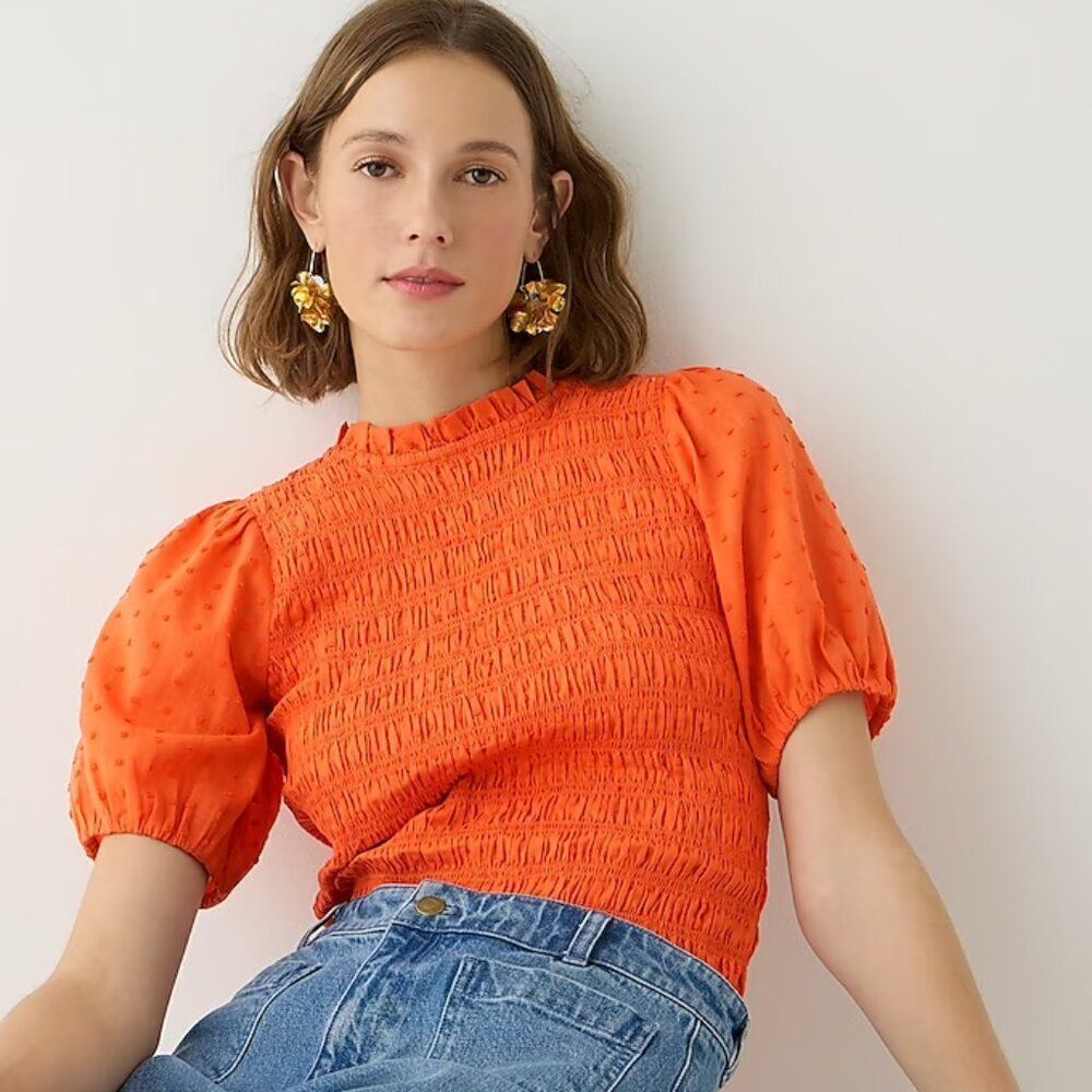 🦋 J.CREW 🦋 Puff-Sleeve Dot Textured Voile Smocked Top - [Small, Orange]